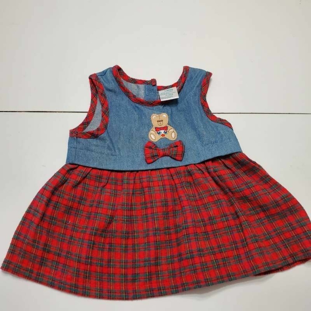 Baby Girls Jumper Dress Blue Red Plaid Sleeveless Teddy Bear Bow Chambray 12 Mos